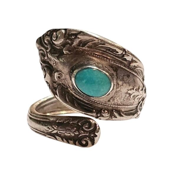 Vintage Towle Sterling Silver Turquoise Spoon Ring | 1970s Jewelry - Picture 1 of 5